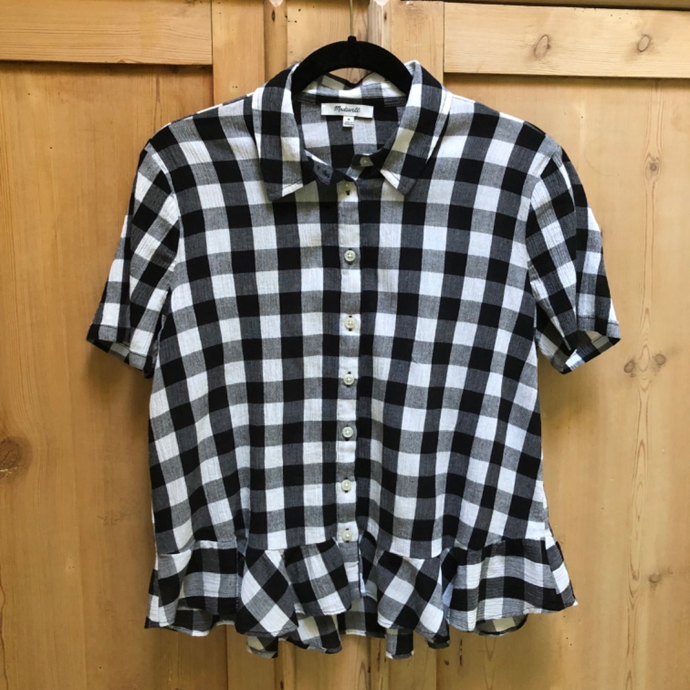 Madewell Peplum Button-Down Top in Black White Gingham Size M